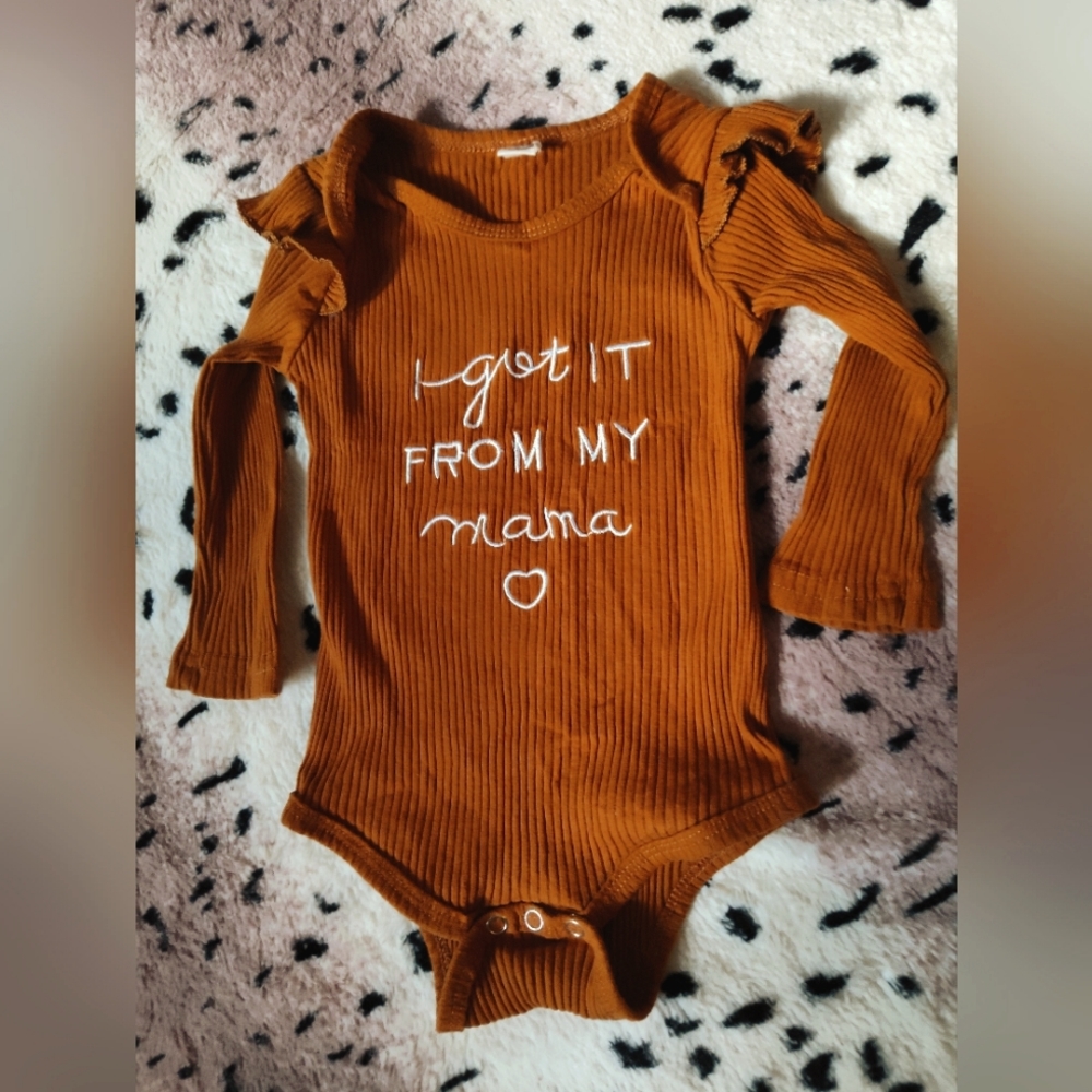 Brown knit embroidered long sleeve ruffle shoulder onesie